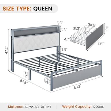 Queen Bed Frame,Bed Frame Queen Size with Headboard and Storage Shelves,Metal Platform Bed Frame with 2 Drawers & Charging Station & LED Lights,Noise-Free/Metal Slats Support/No Box Spring Needed,Grey - Image 2