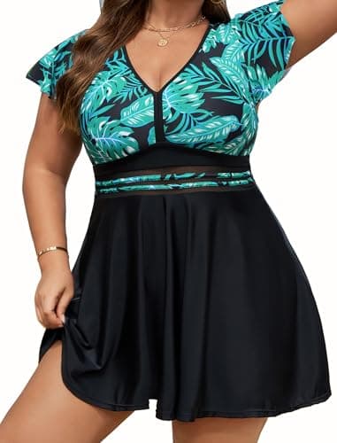 Arolina Women Plus Size Bathing Suit Curvy Swimsuits Swim Dress Tummy Control Big Busted with Boyshorts (Green, 18W) - Image 1
