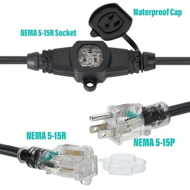 50FT 14 Gauge Indoor/Outdoor Power Extension Cord,5-15R LED Indicator Cable Male Plug to Female Connector Cord Splitter Seven Outlet Cable with UL Listed - Image 4
