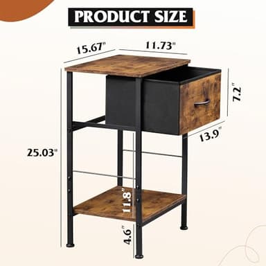 WLIVE Nightstand, Bedside Side Table for Bedroom, Dorm with Steel Frame, Night Stand End Table with Fabric Storage Drawer, Easy Assembly, Rustic Brown Wood Grain Print, 11.73''D 15.67''W 25.03" H - Image 3