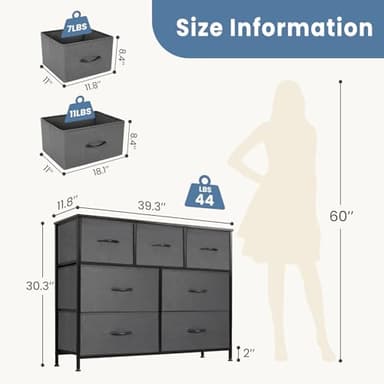 DUMOS Dresser for Bedroom with 7 Fabric Drawers, Chest Organizer Units for Clothing, Closet, Bedroom, Storage Tower with Cabinet, Metal Frame, Wooden Top, Lightweight Nursery Furniture, Grey - Image 3