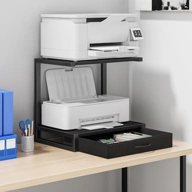 YAOHUOO 2-Tier Desktop Printer Stand with Fabric Drawer, Prtiner Table with Storage Shelf, Desk Organizer for Home Office,3D Printer,Fax Machine,Scanner, 17.3"x11.8" Black - Image 1