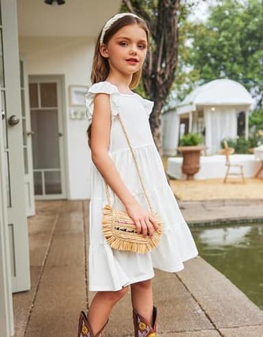 Arshiner Girls Dress Summer Flutter Sleeve Flared Tiered Swing Pleated Midi Cotton Casual Sundress with Pockets White 6-7 Years - Image 3