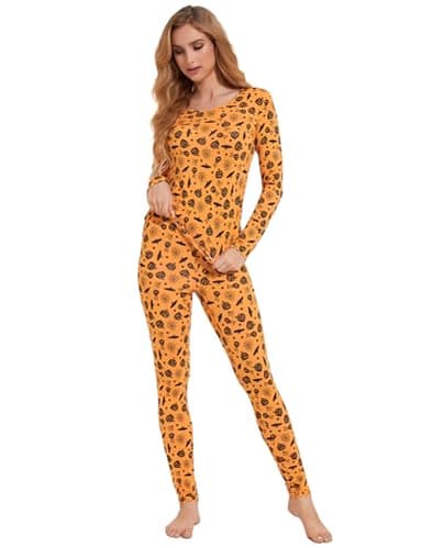 GYS Bamboo Viscose Long Johns Sets Halloween Thermal Underwear for Women Lightweight Base Layer Snug fit Pajamas Set, Orange Halloween, Large - Image 5