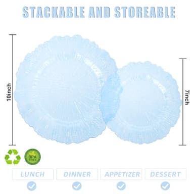 U-QE 60PCS Clear Blue Plates - Blue Plastic Plates Disposable&Reusable - Heavy Duty Plastic Plates for Party&Wedding Including 30 Dinner Plates 10" & 30 Appetizer Plates 7" - Image 2