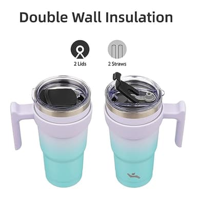Konokyo 20 oz Tumbler with Handle and 2 Straw 2 Lid, Insulated Water Bottle Stainless Steel Vacuum Cup Reusable Travel Mug, Lavender Green - Image 5