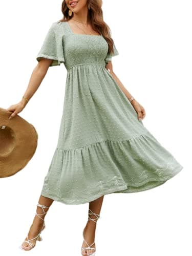 Glamaker Women's Summer Casual Short Sleeve Smocked Square Neck A Line Flowy Midi Dress Midi Dress - Image 1