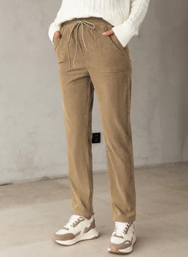 EVALESS Corduroy Pants for Women Petite Casual Drawstring Elastic High Waist Straight Leg Pants Fall Winter 2025 Loose Comfy Trousers with Pockets Khaki Small - Image 5