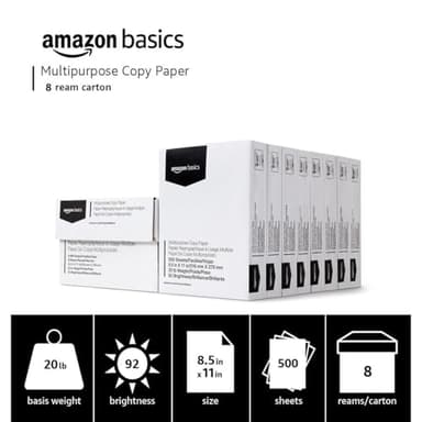 Amazon Basics Multipurpose Copy Printer Paper, 20 lb, 8.5 x 11 Inches, 8 Reams (4,000 Sheets), 92 Bright, White - Image 3