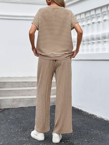 Tankaneo Womens Striped 2 Piece Sets Short Sleeve T Shirts Wide Leg Pants Matching Lounge Set with Pockets - Image 2