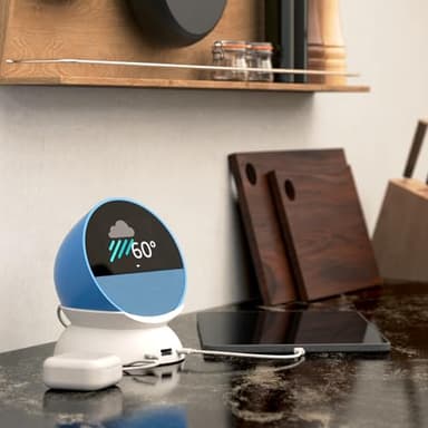 Echo Spot Bundle: Includes Echo Spot | Ocean Blue & Made for Amazon Stand with USB-C and USB-A Charging Ports | Glacier White - Image 5