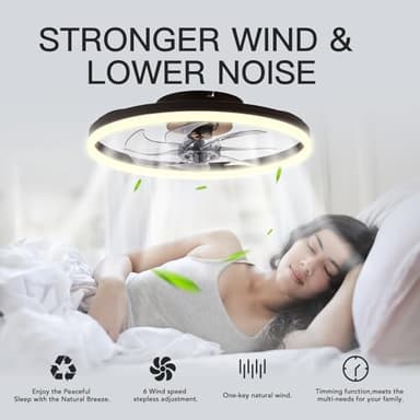 STERREN 20'' Modern Low Profile Ceiling Fan with Light, Bedroom LED Ceiling Fan with Remote Control, Bladeless Flush Mount Black Fan Lights Ceiling Fixtures for Living Room,Small Room - Image 6
