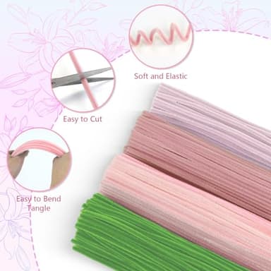400 Pcs Pipe Cleaners Craft,4 Assorted Colors Pipe Cleaners Bulk, Chenille Stems for DIY Flower Making Kit with Floral Wires, Gardening Tape,Stamen& Ribbon (Pink) - Image 4