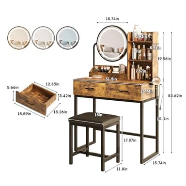 Makeup Vanity Desk with Round Mirror and Lights, White Vanity Makeup Table with 2 Drawers, Small Vanity Table for Bedroom with Lots Storage (Brown and Black, 15.75 * 31.5 * 53.6in) - Image 7