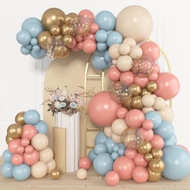Amandir 153pcs Pink Blue Balloon Garland Arch Kit, Different Sizes 18 12 10 5 inch Dusty Pink Blue Nude Latex Metallic Confetti Gold Balloons for Gender Reveal Neutral Bear Baby Shower Decorations - Image 1
