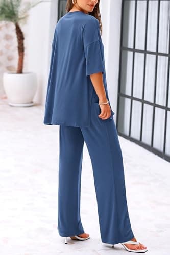 KIRUNDO Two Piece Sets For Women Summer Casual Short Sleeve Oversized Tops And Long Wide Leg Lounge Pants Matching Loungewear Set Sweat Suits Tracksuit(Blue, Large) - Image 2