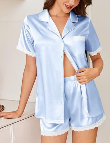 Ekouaer Satin Pajamas Women Silk Short Sleeve Pajama Set Button Front Pjs Satin Sleep Shorts Set,Large Clear Blue - Image 3