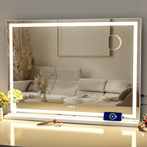 Gvnkvn Makeup Vanity Mirror with Lights 32" x 24" Large LED Makeup Mirror, Light up Mirror with 10X Magnification and USB Charging Port, Dimmable 3 Modes, Touch Screen Control Square Corner - Image 1