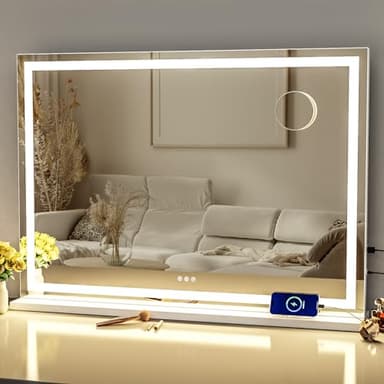 Gvnkvn Makeup Vanity Mirror with Lights 32" x 24" Large LED Makeup Mirror, Light up Mirror with 10X Magnification and USB Charging Port, Dimmable 3 Modes, Touch Screen Control Square Corner - Image 1