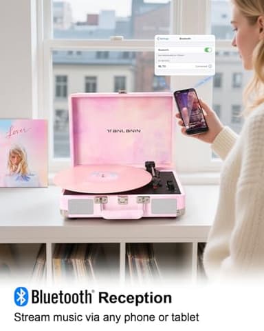 Watercolor Vinyl Record Player with Treble & Bass Control, Vintage 3-Speed Bluetooth Suitcase Portable Turntables with Built-in Speakers, 33 45 78 RPM LP Player Support RCA/AUX/Headphone Jack, Pink - Image 4