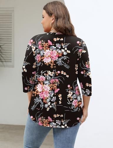 TFSDOD Plus Size Tops for Women 3/4 Sleeve V Neck Long Sleeve Shirt Women Summer Outfits Black Big Red Floral XXL - Image 3