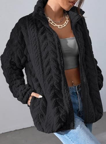 Dokotoo Winter Fleece Womens Short ShacketJackets Zipper Up Winter Fuzzy Long Sleeves Side Pockets Plus Size Coats,Black Medium - Image 2