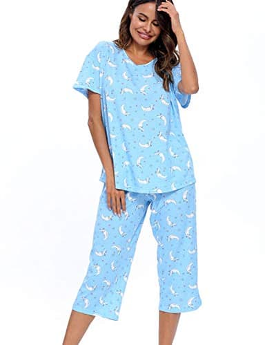 ENJOYNIGHT Womens Pajama Sets Cotton Pj Set Short Sleeve Top With Capri Pants Sleepwear 2 Piece Lounge Set(X-Large,Moon) - Image 3
