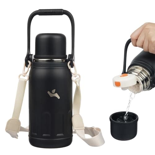 Insulated Water Bottle with Handle and Strap,Vacuum Travel Tumbler with Cup Lid,Thermo Coffee Cup for Hot Cold Drinks 27 OZ,Black - Image 1