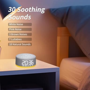 White Noise Sound Machine Alarm Clock Brown Noise Machine Night Light with Dual Alarms Backup Battery 30 Sleeping Sounds for Baby Kids Adults 32 Level Volume 5 Timers 15 Wake Up Sounds Memory Function - Image 3