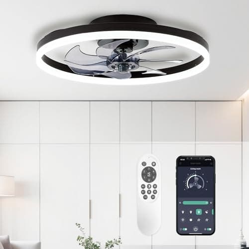 STERREN 20'' Modern Low Profile Ceiling Fan with Light, Bedroom LED Ceiling Fan with Remote Control, Bladeless Flush Mount Black Fan Lights Ceiling Fixtures for Living Room,Small Room - Image 1