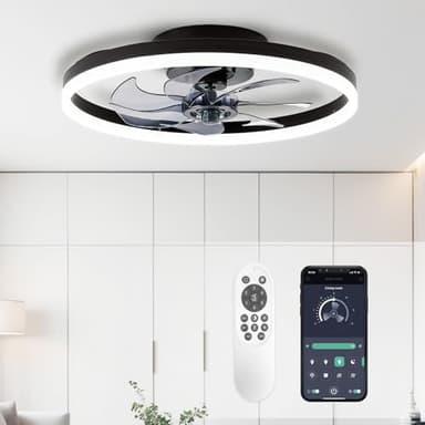 STERREN 20'' Modern Low Profile Ceiling Fan with Light, Bedroom LED Ceiling Fan with Remote Control, Bladeless Flush Mount Black Fan Lights Ceiling Fixtures for Living Room,Small Room - Image 1