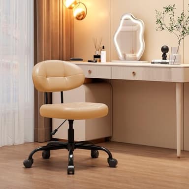 Misolant Vanity Chair with Back, Small Armless Cute Office Chair with Wheels and Lumbar Support, Comfy PU Leather Desk Computer Chairs with Adjustable Height, 360° Swivel for Home Bedroom, Khaki - Image 2