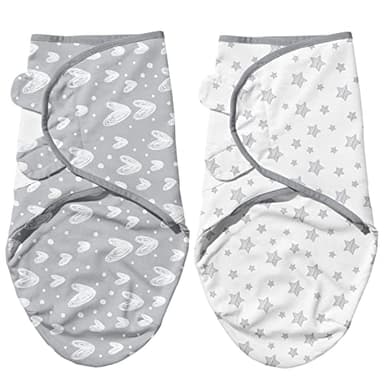 Biloban Baby Swaddles 0-3 Months for Boy Girls, Newborn, Organic Cotton Adjustable Blanket, Lovely Grey Print, 2 Pack - Image 1