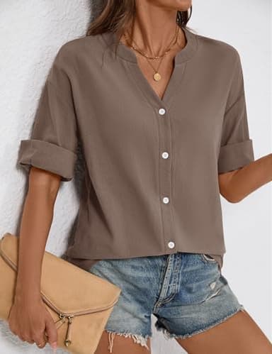 LOMON 3/4 Sleeve Womens Tops V Neck Button Down Shirts Casual Loose 3/4 Length Sleeve Blouse Dark Grey Brown XXL - Image 3