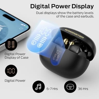 Monster N-Lite 211 Wireless Earbuds, Bluetooth 6.0 Stereo Headphones with Noise-Cancelling Mic and LED Display, Built-in Mic for Clear Calls, Waterproof Design for Sports - Image 5