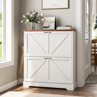 Shoe Cabinet, Shoe Storage Cabinet for Entryway with 2 Flip Drawers, Narrow Farmhouse Shoe Organizer Cabinet, Slim Shoe Rack Cabinet, White - Image 1