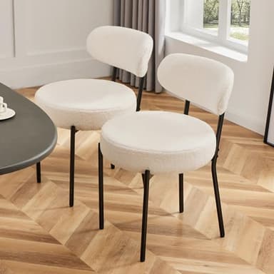 Sweetcrispy Dining Chairs Set of 4, Boucle Upholstered Modern Mid Century Round Kitchen Chairs with Curved Backrest & Metal Legs for Vanity, Living Room - Beige - Image 7