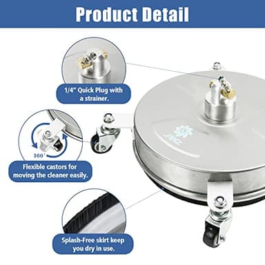 janz 14" Pressure Washer Surface Cleaner with 4 Wheels, Stainless Steel Housing, 1/4" Quick Plug, 2 Extension Wands, 2 Replacement Nozzles and 3 Spray Nozzles, 4000 PSI - Image 3