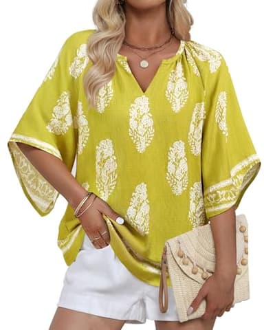 Bebonnie Women Blouses Dressy Casual: Womens Bell Sleeve Summer Spring V Neck Floral - Hawaiian Outfits for Women - Boho Hippie Peasant Blouses Plus Size Shirts Tunic Tops Multi Green XXL - Image 3