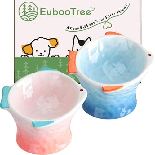 EubooTree Ceramic Raised Cat Food Bowl, Shallow & Tilted, Anti Vomiting and Whisker Fatigue, Non-Slip, Cute Fish Shape Cat Feeding Bowls for Dry and Wet Food, for Kitten, Pink/Blue, 2-Pack - Image 1