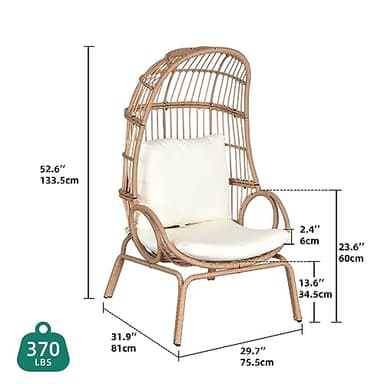 YITAHOME Outdoor Narrow Egg Chair Wicker, Patio Rattan Basket Chair with 370lbs Capacity Indoor Egg Chairs with Stand & Cushion Cocoon Chair for Bedroom, Patio, Balcony - Beige - Image 3