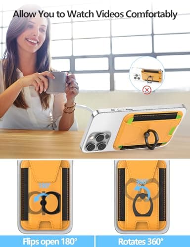 For Magsafe Wallet with Grip, 6-Card Holder, Stronger Magnetic Card Wallet Holder for iPhone 17/16/15, iPhone 14/13/12 Series, Leather Magnetic Phone Wallet with Privacy Flap, RFID Blocking, Orange - Image 3