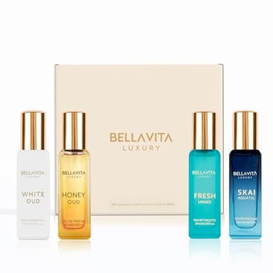 BellaVita Luxury Unisex Cologne Gift Set (4x20ml) | Fragrances Includes Honey OUD, SKAI, FRESH & White OUD | Travel Size Mini Perfumes & Spicy Vanilla Perfume Oil | Unisex Perfume for Women & Men - Image 2