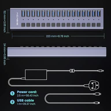 90W Powered USB Hub - ACASIS 16 Ports USB 3.0 Data Port, Aluminum Housing, Individual On/Off Switches, 12V/7.5A Power Adapter, USB Splitter for Laptop, PC, Computer, Printer - Image 7