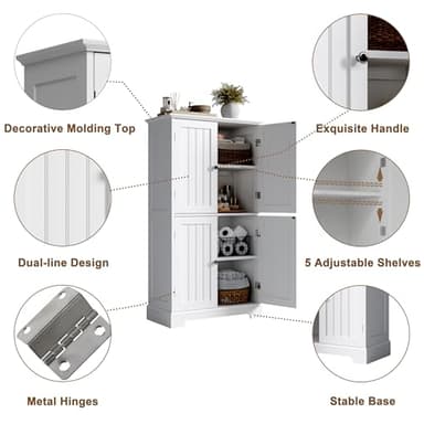 ChooChoo Bathroom Floor Cabinet, Modern Bathroom Storage Cabinet with 4 Doors and Adjustable Shelves, Freestanding Cupboard for Living Room, White - Image 4