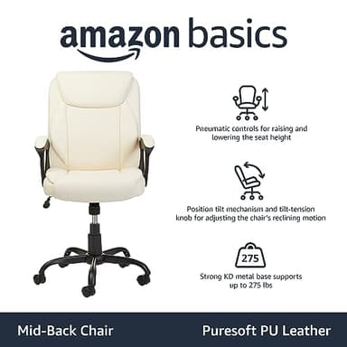 Amazon Basics Classic Puresoft PU Padded Mid-Back Height Adjustable Office Computer Desk Chair with Armrest, 26"D x 23.75"W x 42"H, Cream - Image 4