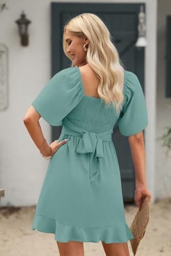 Dokotoo Womens Summer Wrap V Neck Short Flared Sleeve Smocked Elastic Waist Tiered Belted Ruffle Hem Mini Dress Graduation Dress Skobeloff M - Image 4
