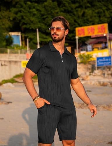 URRU Men's 2 Piece Outfits Short Sleeve Casual Zip Polo Shirt and Shorts Set Black XL - Image 2