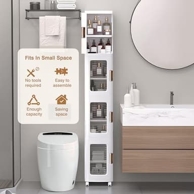 VECELO 4-Tier Plastic Tall Narrow Storage Cabinet with Movable Wheels, Adjustable Shelves, Magnetic Doors, Slim Bathroom Organizers and Storage for Small Space, Bathroom, Kitchen, Laundry, White - Image 3