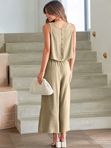 ANRABESS Women's Summer 2 Piece Outfits Sleeveless Crop Top Capri Wide Leg Pants Jumpsuit Casual Linen Lounge Matching Sets Beach Travel 2025 Trendy Clothes Apricot X-Large - Image 7